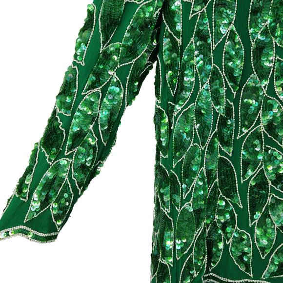 VINTAGE ANUJAN XL SILK ALL OVER BEADED FLORAL LEAF LONG SLEEVE BLOUSE - Picture 3 of 7